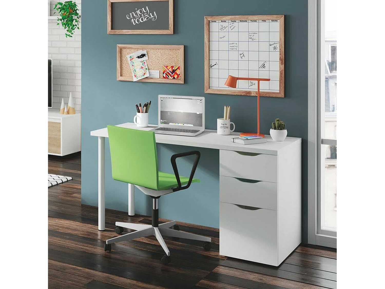 Bureau Philadelphia, Bureau réversible multifonctionnel, Table d'étude avec commode avec 2 tiroirs et 1 porte, 138x60h74 cm, Blanc