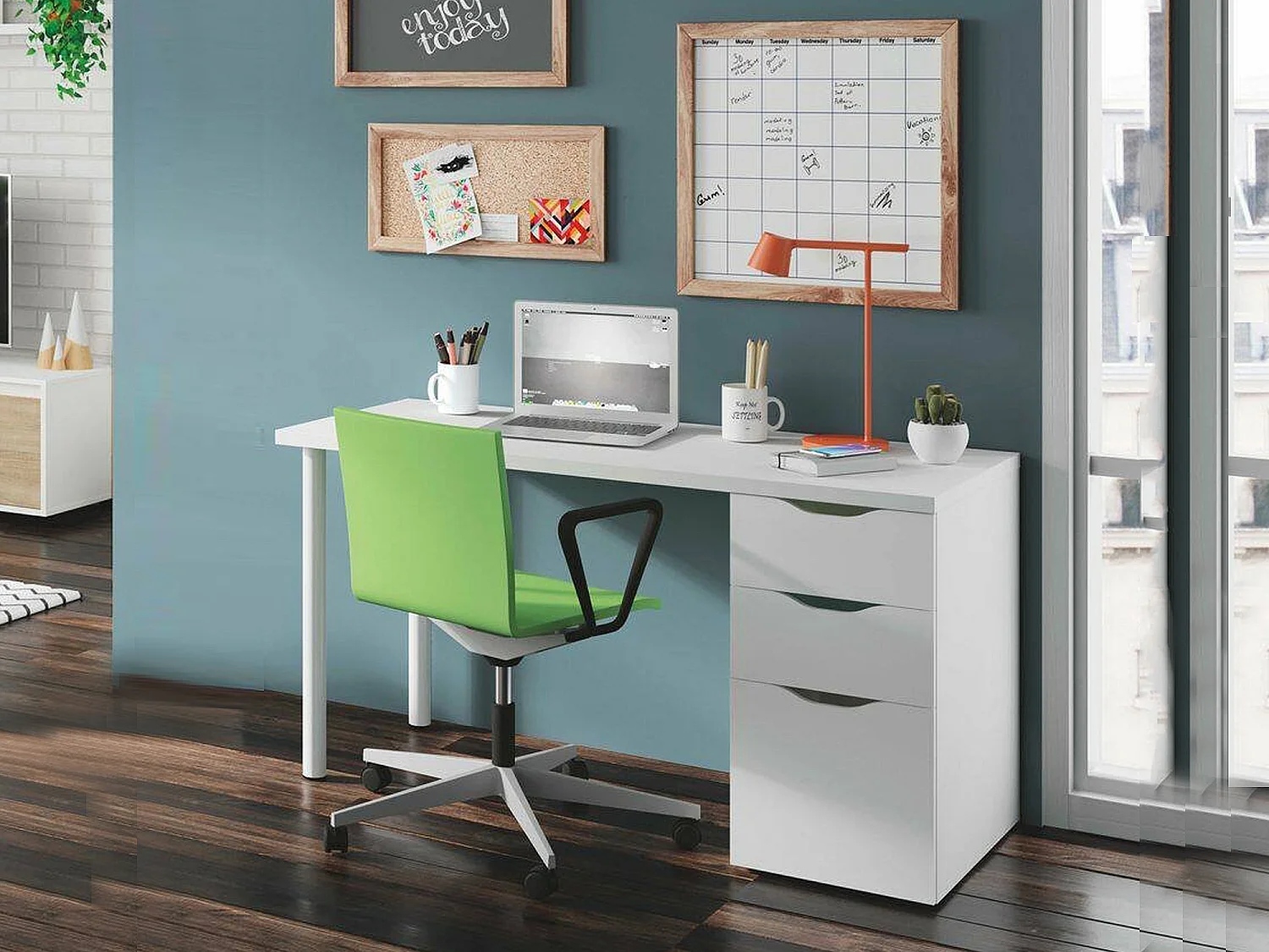 Bureau Philadelphia, Bureau réversible multifonctionnel, Table d'étude avec commode avec 2 tiroirs et 1 porte, 138x60h74 cm, Blanc
