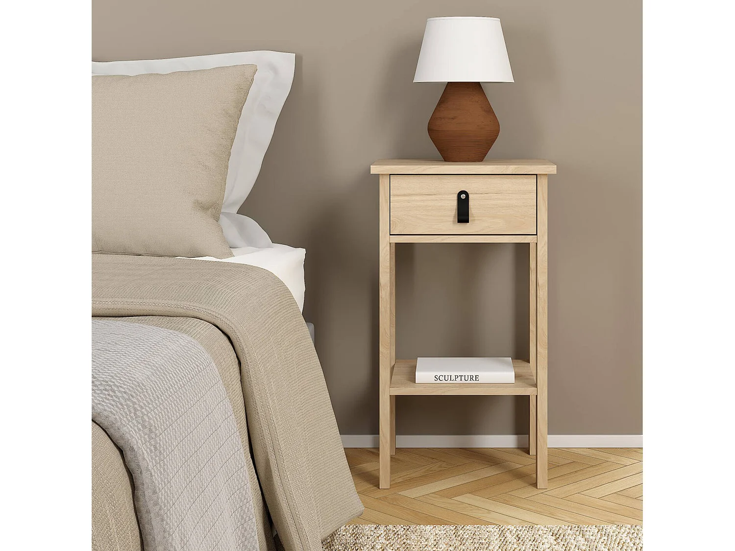 Chevet Dsabir, Commode basse, Table de nuit, Étagère de chevet, 40x34 h70 cm, Chêne clair