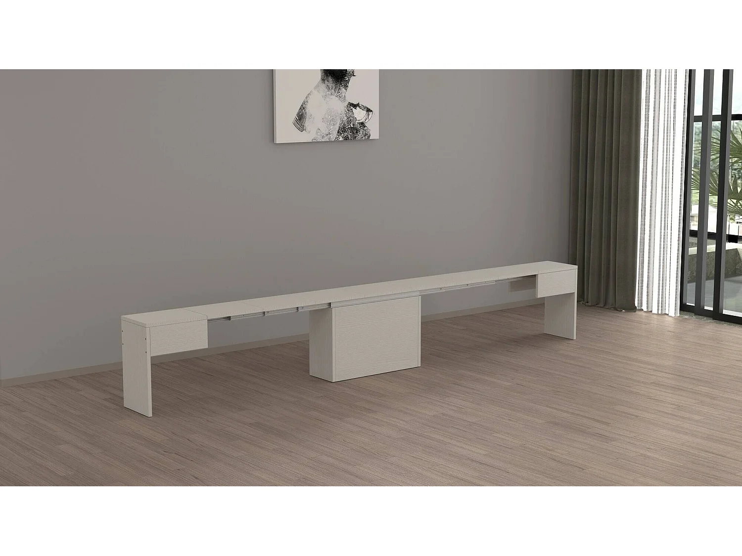 Banc Dollocol, Siège pour table à manger, Banc simple extensible, 290x25h45 cm, Blanc