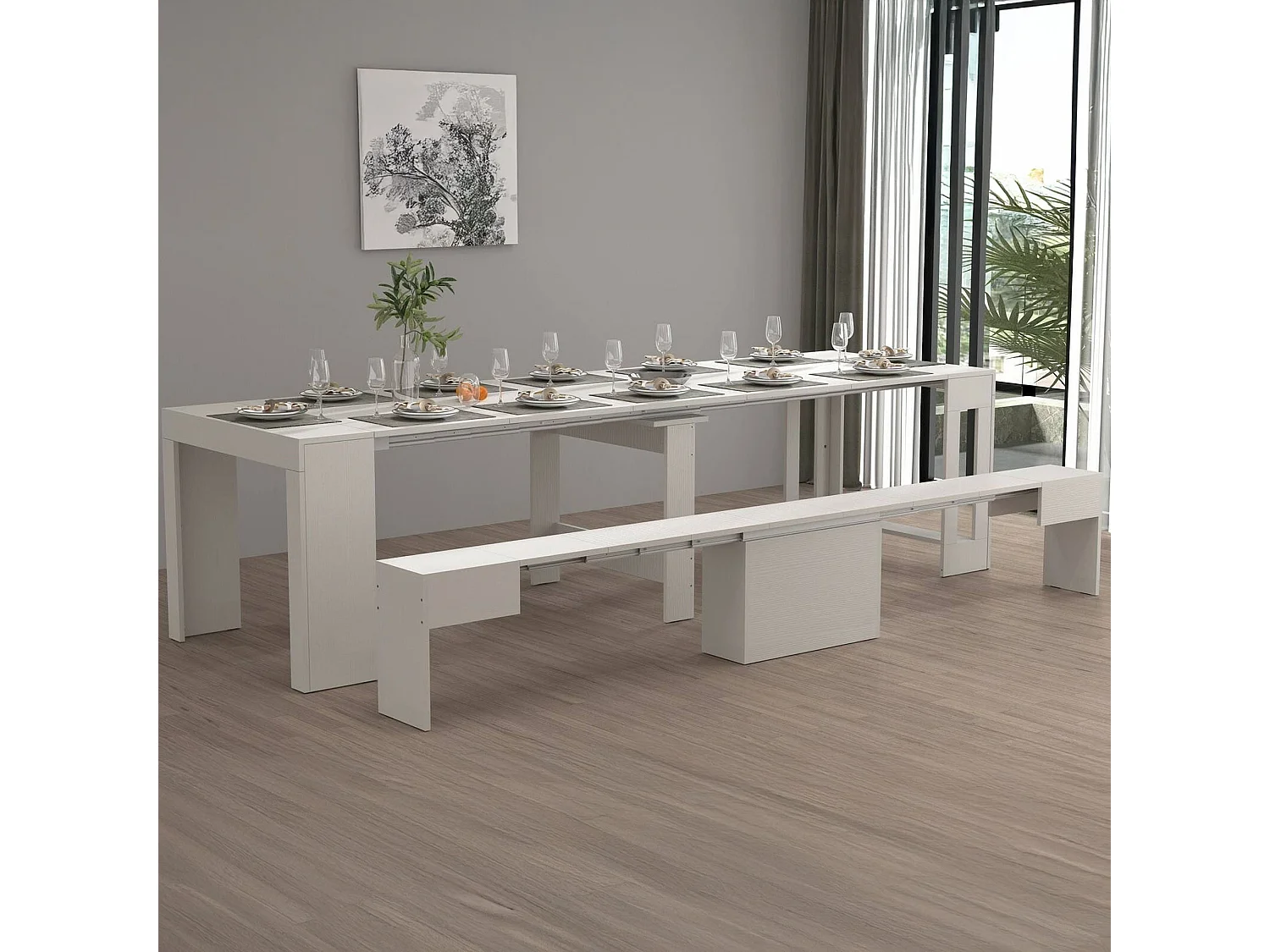 Banc Dollocol, Siège pour table à manger, Banc simple extensible, 290x25h45 cm, Blanc