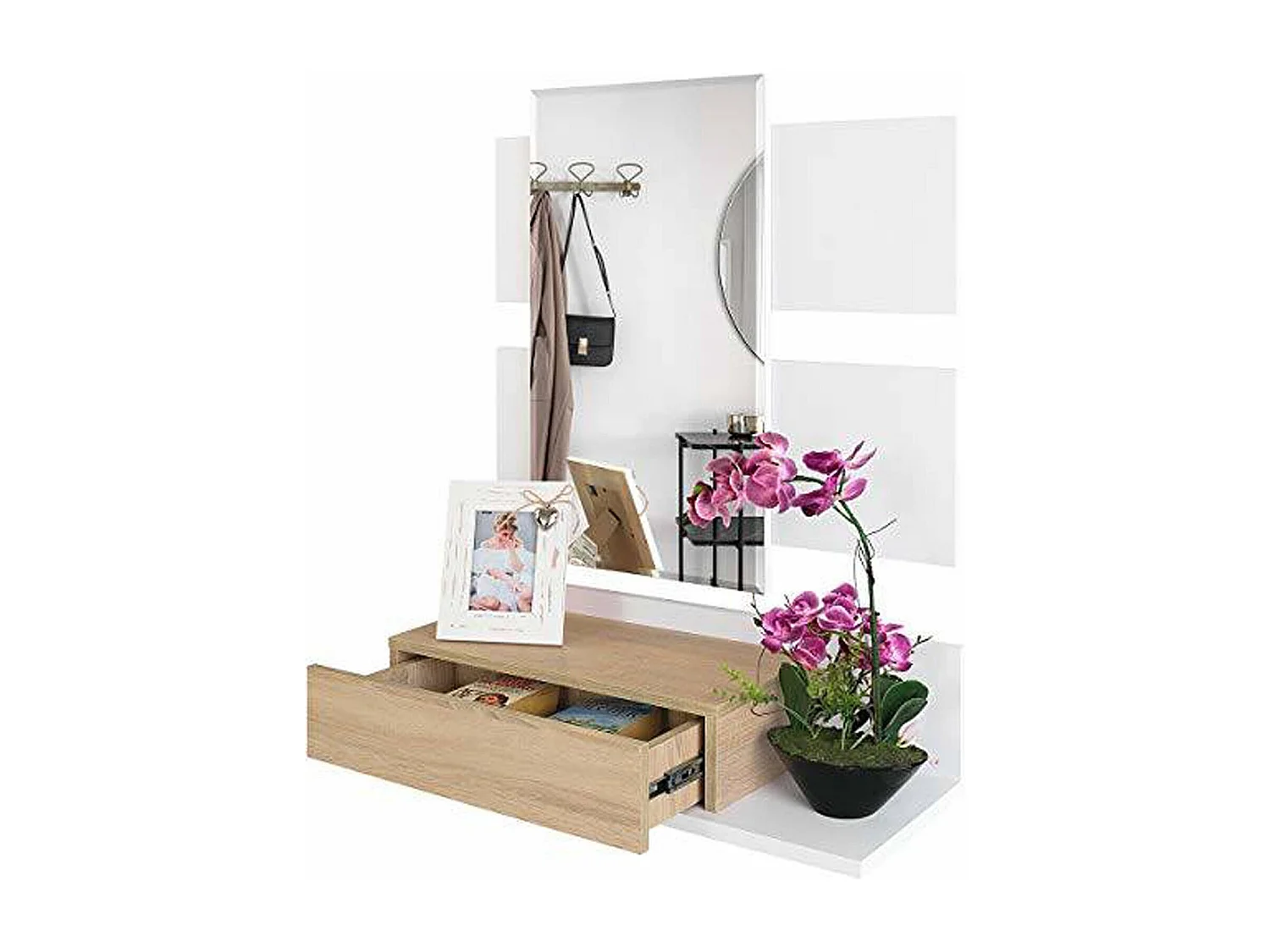 Meuble d'entrée Dcori, Entrée suspendue avec miroir, Meuble d'entrée avec tiroir, 75x29h90 cm, Blanc et Chêne