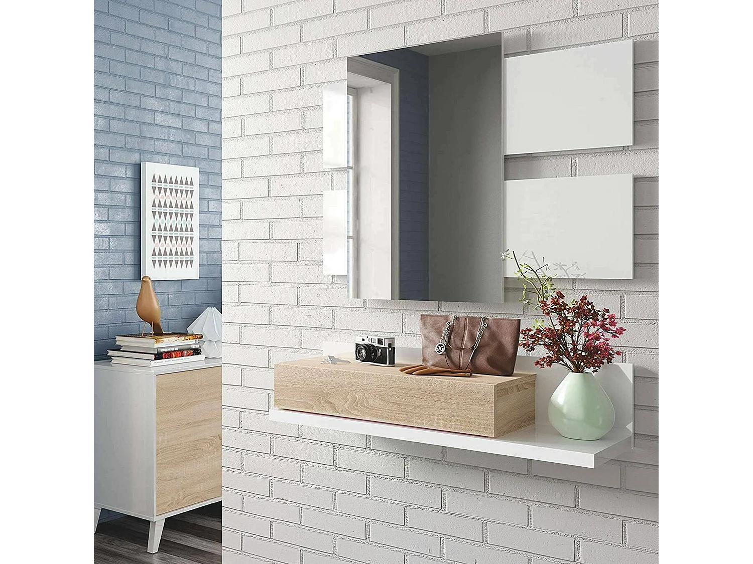 Meuble d'entrée Dcori, Entrée suspendue avec miroir, Meuble d'entrée avec tiroir, 75x29h90 cm, Blanc et Chêne