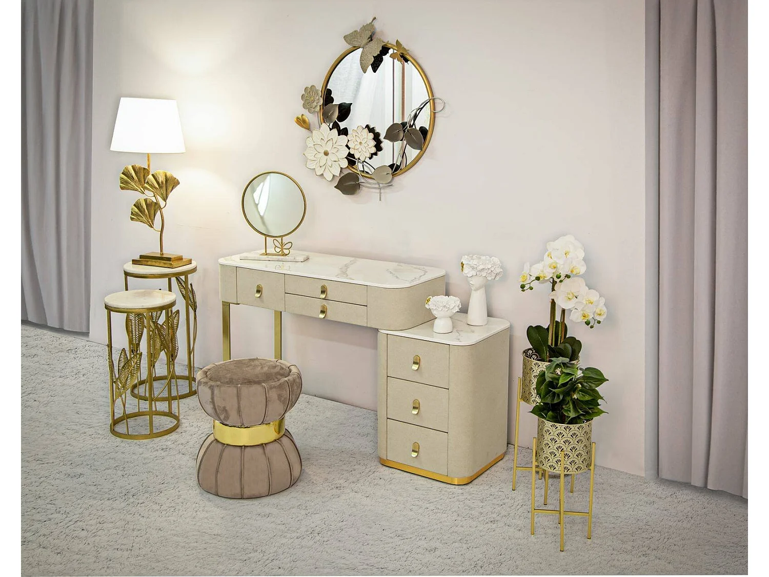 Secretária Apoteosi, Secretária multiusos, Secretária com suporte para PC, Bancada, 120x40 h75 cm, Creme e Dourado