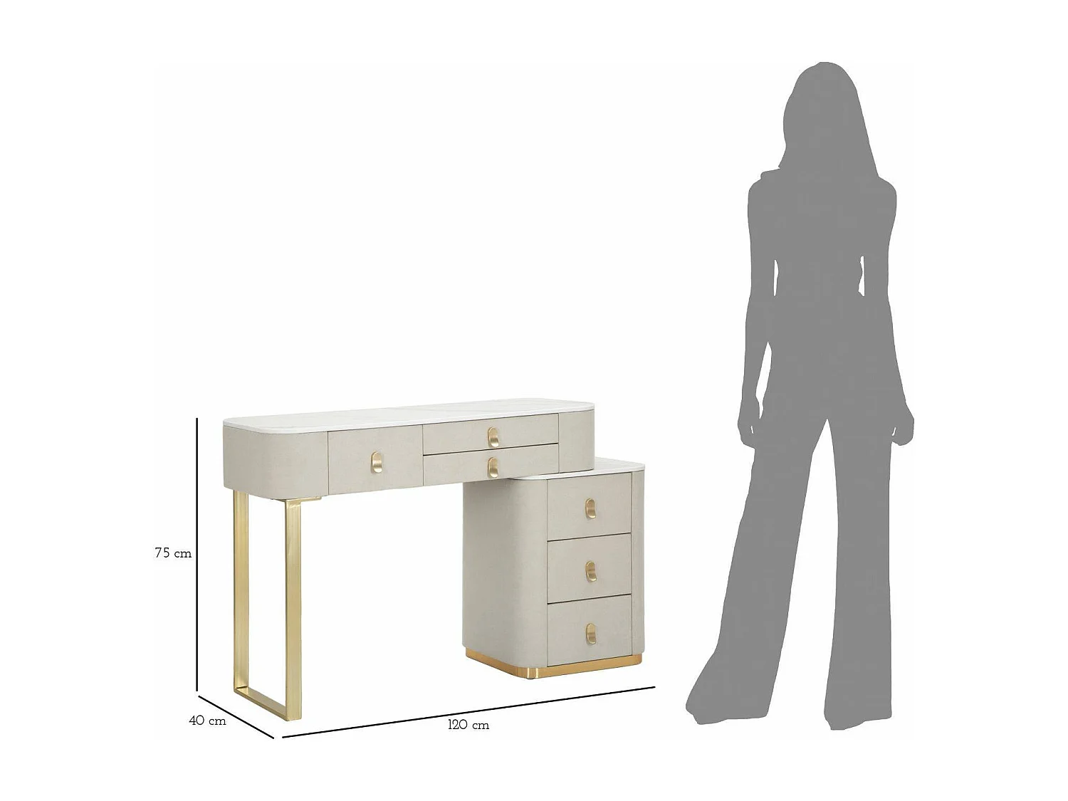 Apoteosi Bureau, Multifunctioneel bureau, PC-houder kantoortafel, Werkblad, 120x40 h75 cm, Crème en Goud