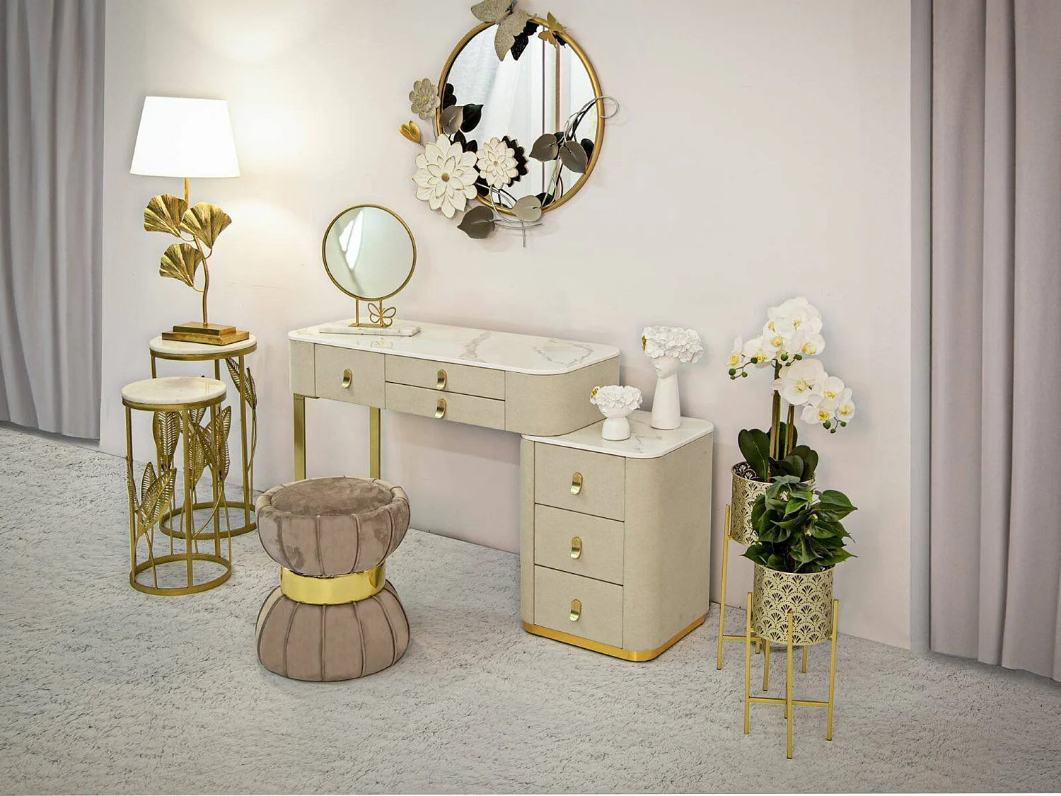 Apoteosi Bureau, Multifunctioneel bureau, PC-houder kantoortafel, Werkblad, 120x40 h75 cm, Crème en Goud