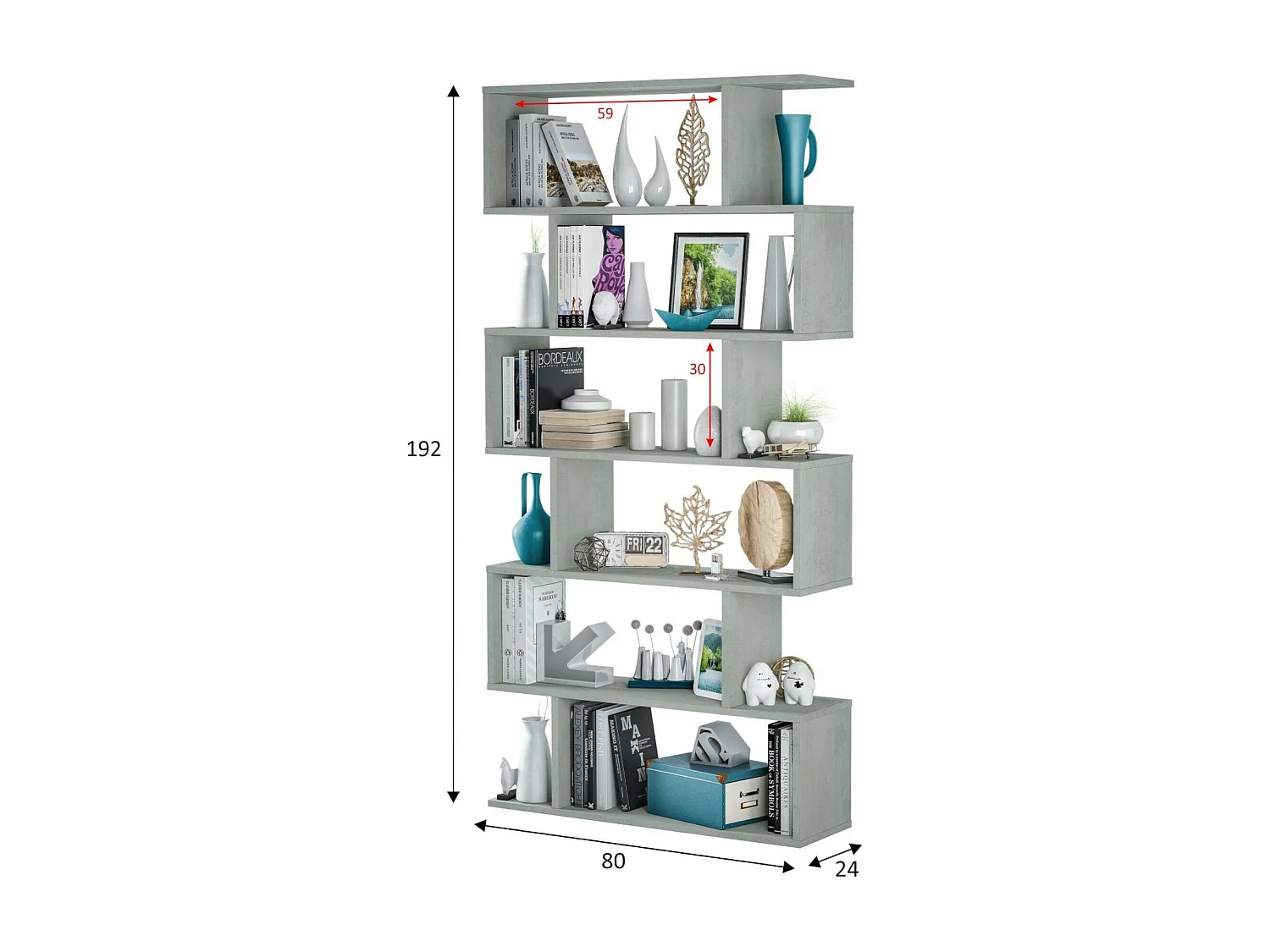 Bibliothèque Dfomme, Bibliothèque haute double face, Etagère de séparation avec 5 étagères, Etagère de bureau moderne, 80x24h192 cm, Gris béton