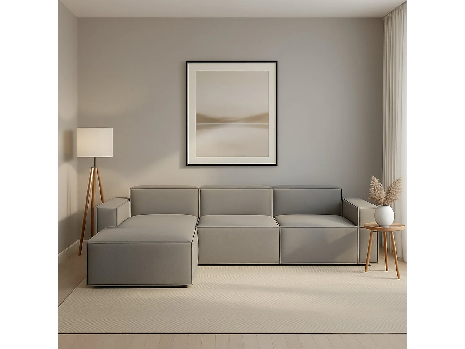 Canapé fixe Licia, canapé modulable 4 places avec péninsule gauche, 100% Made in Italy, Canapé moderne en tissu, 340x170h70 cm, Gris
