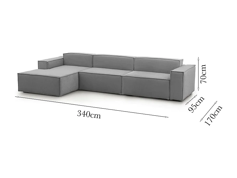 Canapé fixe Licia, canapé modulable 4 places avec péninsule gauche, 100% Made in Italy, Canapé moderne en tissu, 340x170h70 cm, Gris