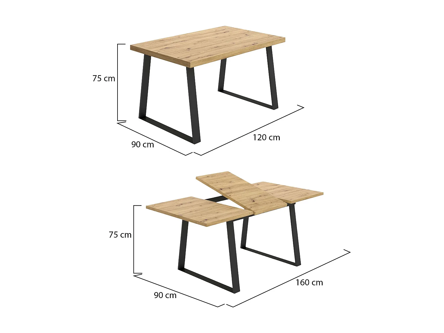 Darsla uitschuifbare tafel, Multifunctionele eetconsole, Rechthoekige keuken- of eetkamertafel, 160x90h75 cm, Nodi Eiken