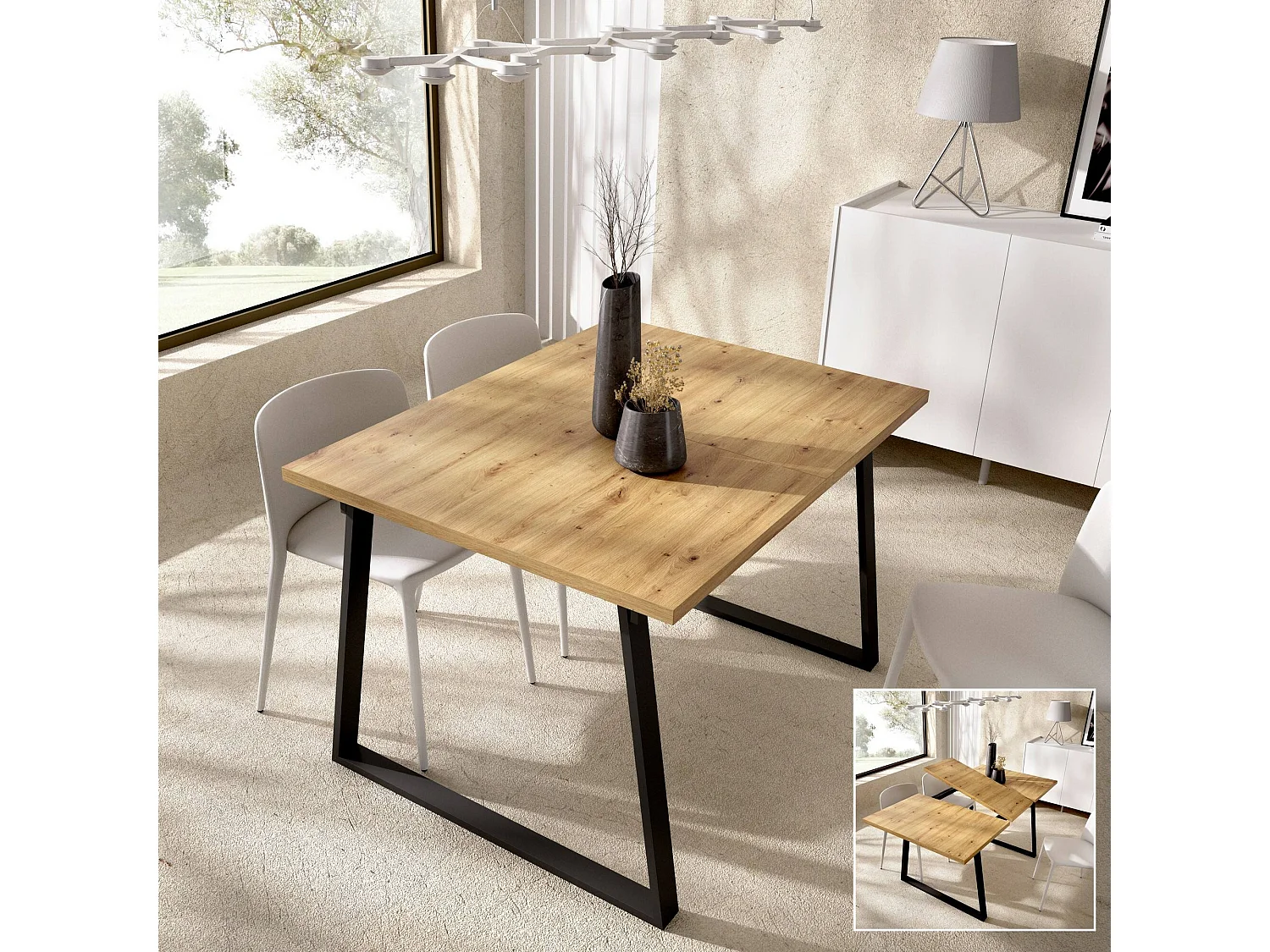 Darsla uitschuifbare tafel, Multifunctionele eetconsole, Rechthoekige keuken- of eetkamertafel, 160x90h75 cm, Nodi Eiken