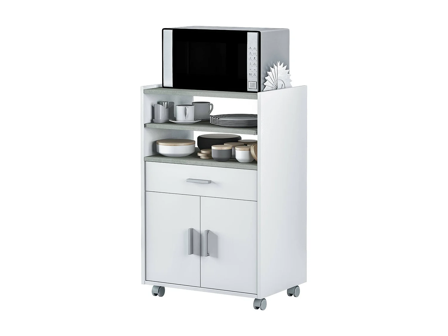 Chariot Dmatte, Armoire de cuisine auxiliaire à roulettes, Armoire polyvalente avec 2 portes et 1 étagère, 59x40h92 cm, Blanc