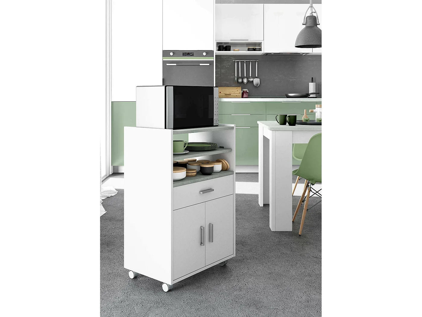 Dmatte trolley, Extra keukenkast op wielen, Multifunctionele kledingkast met 2 deuren en 1 plank, 59x40h92 cm, Wit