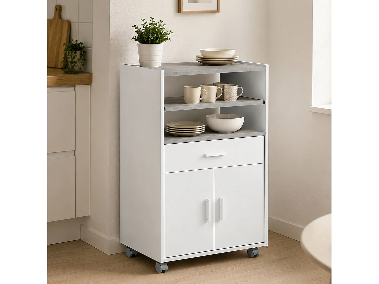 Chariot Dmatte, Armoire de cuisine auxiliaire à roulettes, Armoire polyvalente avec 2 portes et 1 étagère, 59x40h92 cm, Blanc