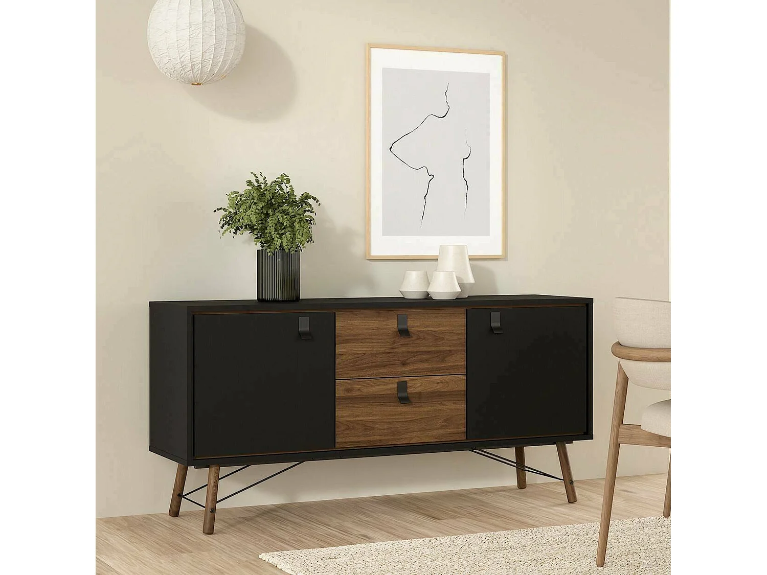 Kommode Dsavold, Wohnzimmerbuffet, Wohnzimmer-Sideboard, Moderne Küchen-Speisekammer, 150x40 h72 cm, Schwarz und Walnuss