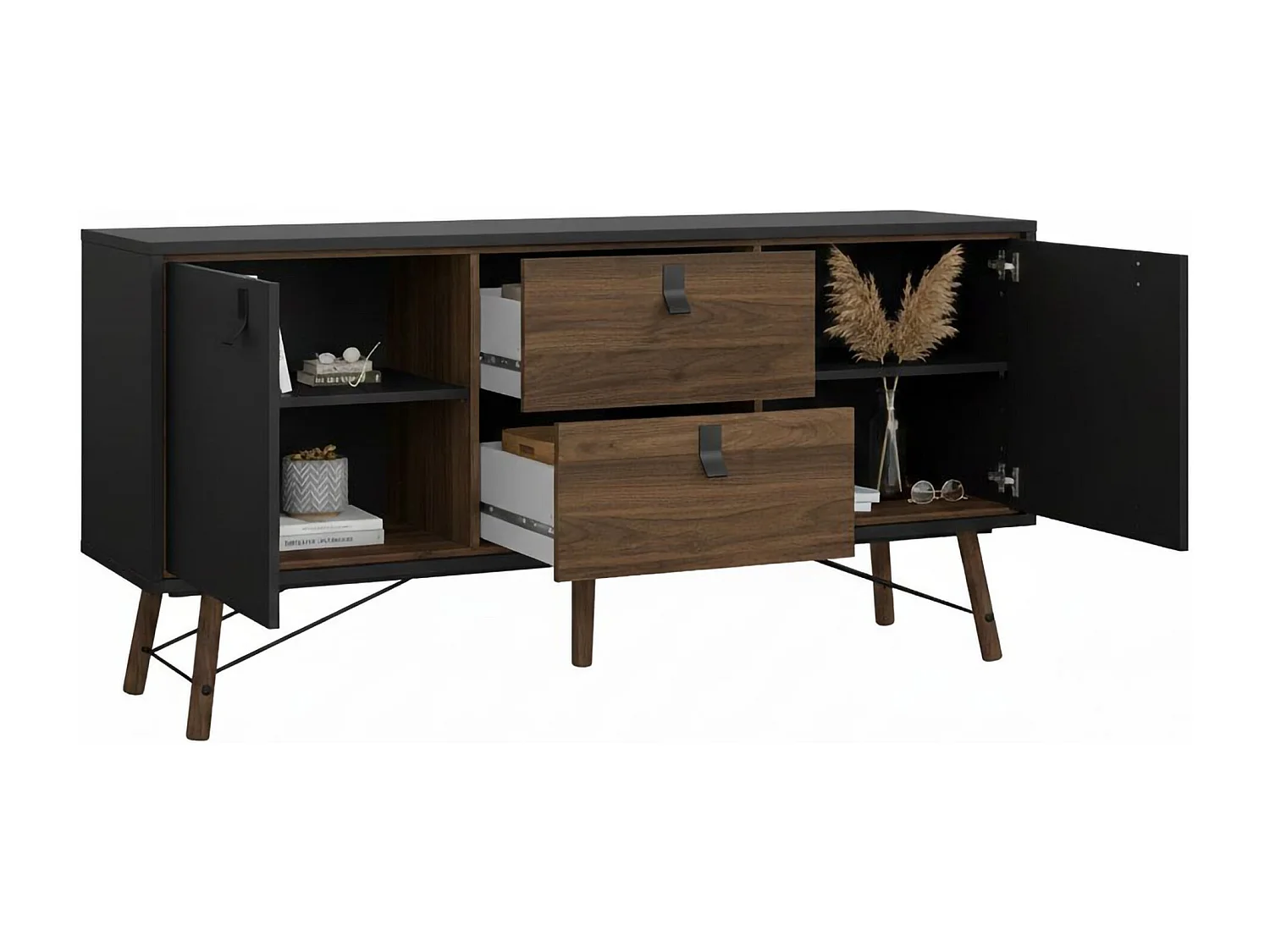 Aparador Dsavold, Buffet de sala, Aparador de sala, Despensa de cozinha, 150x40 h72 cm, Preto e Nogueira