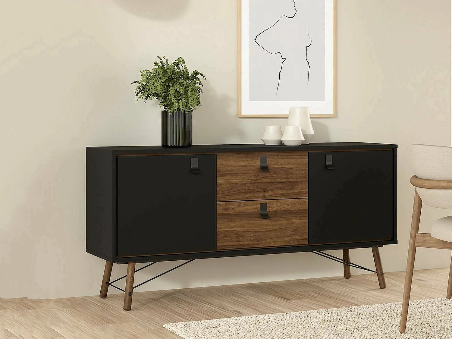 Kommode Dsavold, Wohnzimmerbuffet, Wohnzimmer-Sideboard, Moderne Küchen-Speisekammer, 150x40 h72 cm, Schwarz und Walnuss
