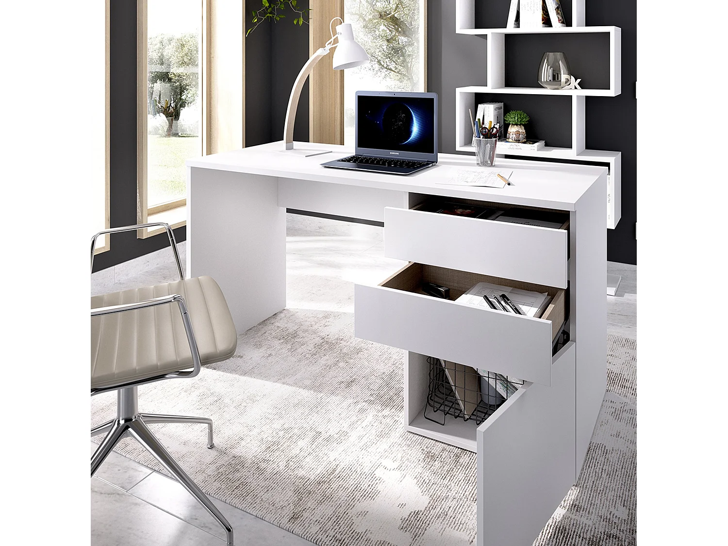 Dmora Scrivania Lagoni 60x139x75h cm Bianco Lucido 2 Cassetti Modulabile, Un'anta