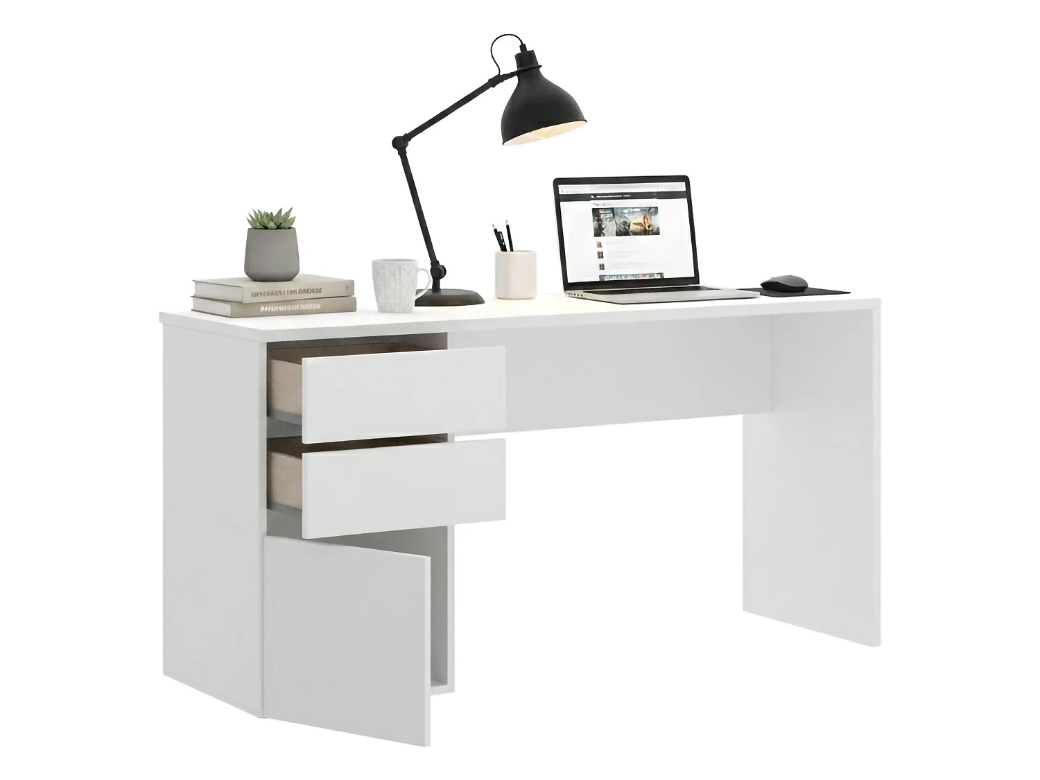 Bureau Lagoni, Bureau polyvalent pour le bureau ou la chambre, Table d'étude linéaire avec 2 tiroirs et 1 porte, 139x60h75 cm, Blanc
