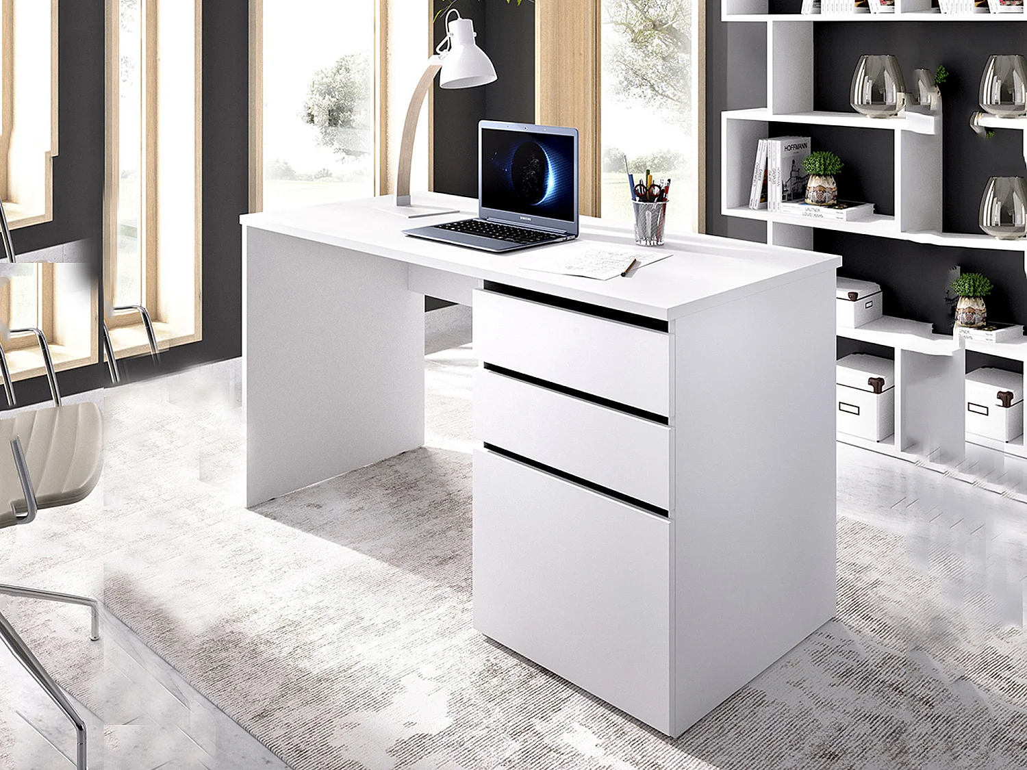 Escritorio Lagoni, Escritorio multiusos para oficina o dormitorio, Mesa de estudio lineal con 2 cajones y 1 puerta, 139x60h75 cm, Blanco