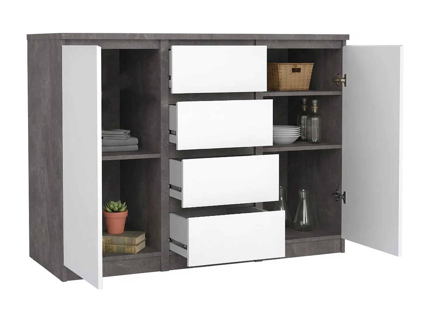Buffet Dsalmas, Buffet du salon, Commode de salon, Garde-manger de cuisine, 121x50 h91 cm, Ciment et blanc