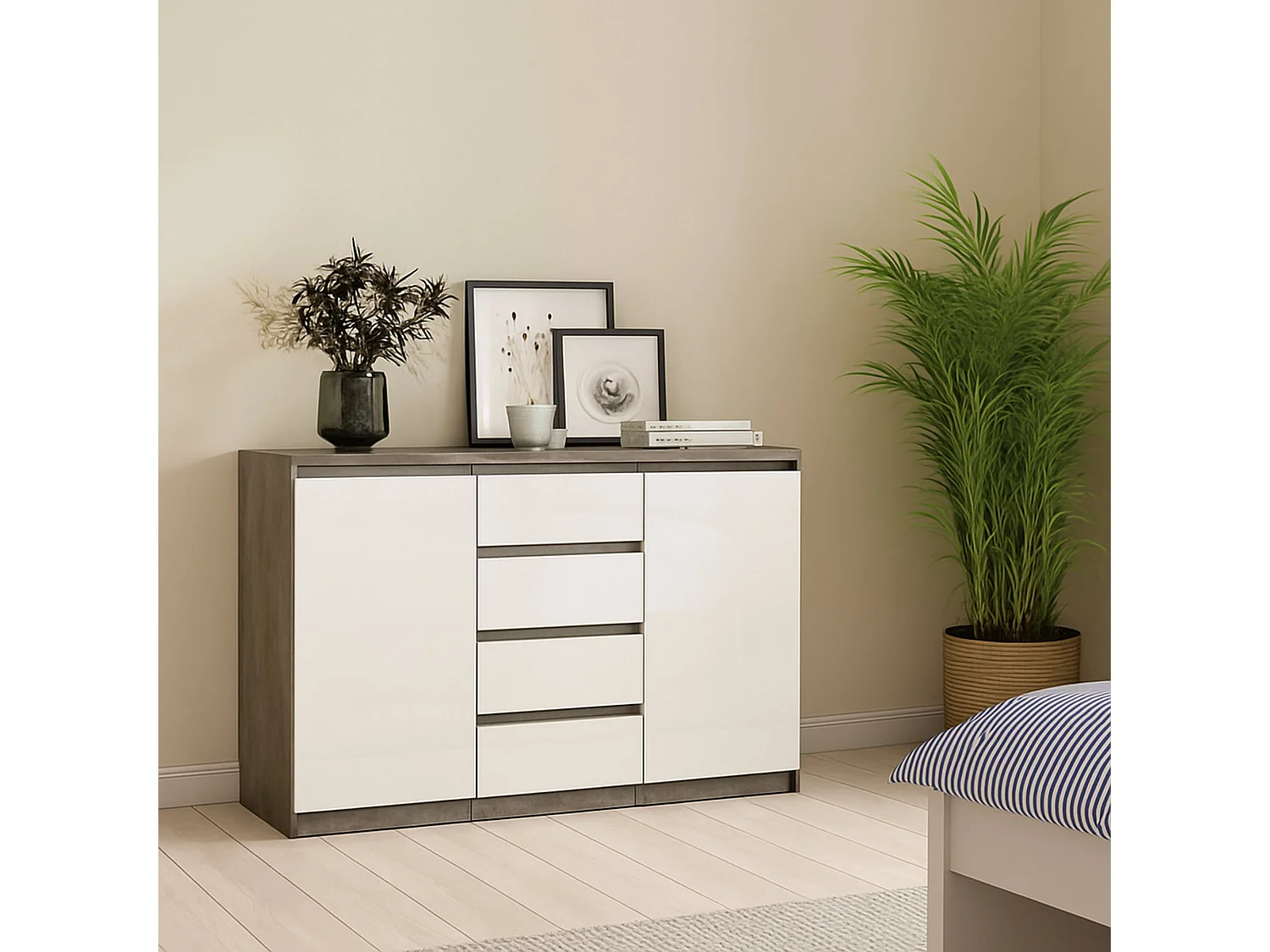 Buffet Dsalmas, Buffet du salon, Commode de salon, Garde-manger de cuisine, 121x50 h91 cm, Ciment et blanc