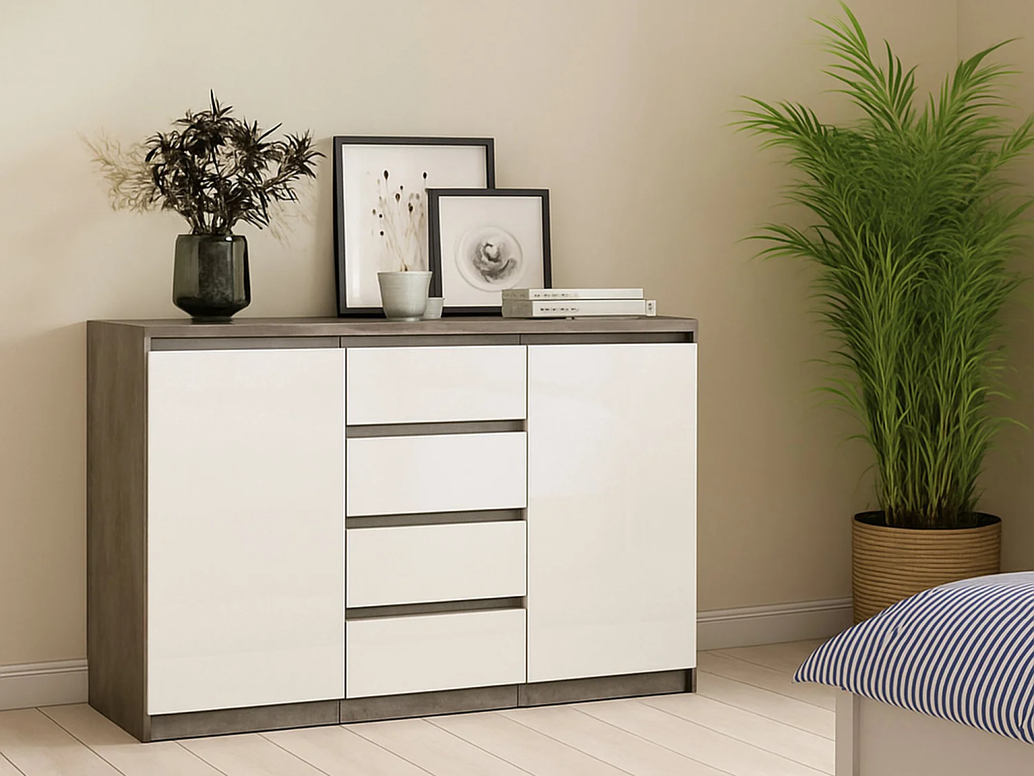 Buffet Dsalmas, Buffet du salon, Commode de salon, Garde-manger de cuisine, 121x50 h91 cm, Ciment et blanc