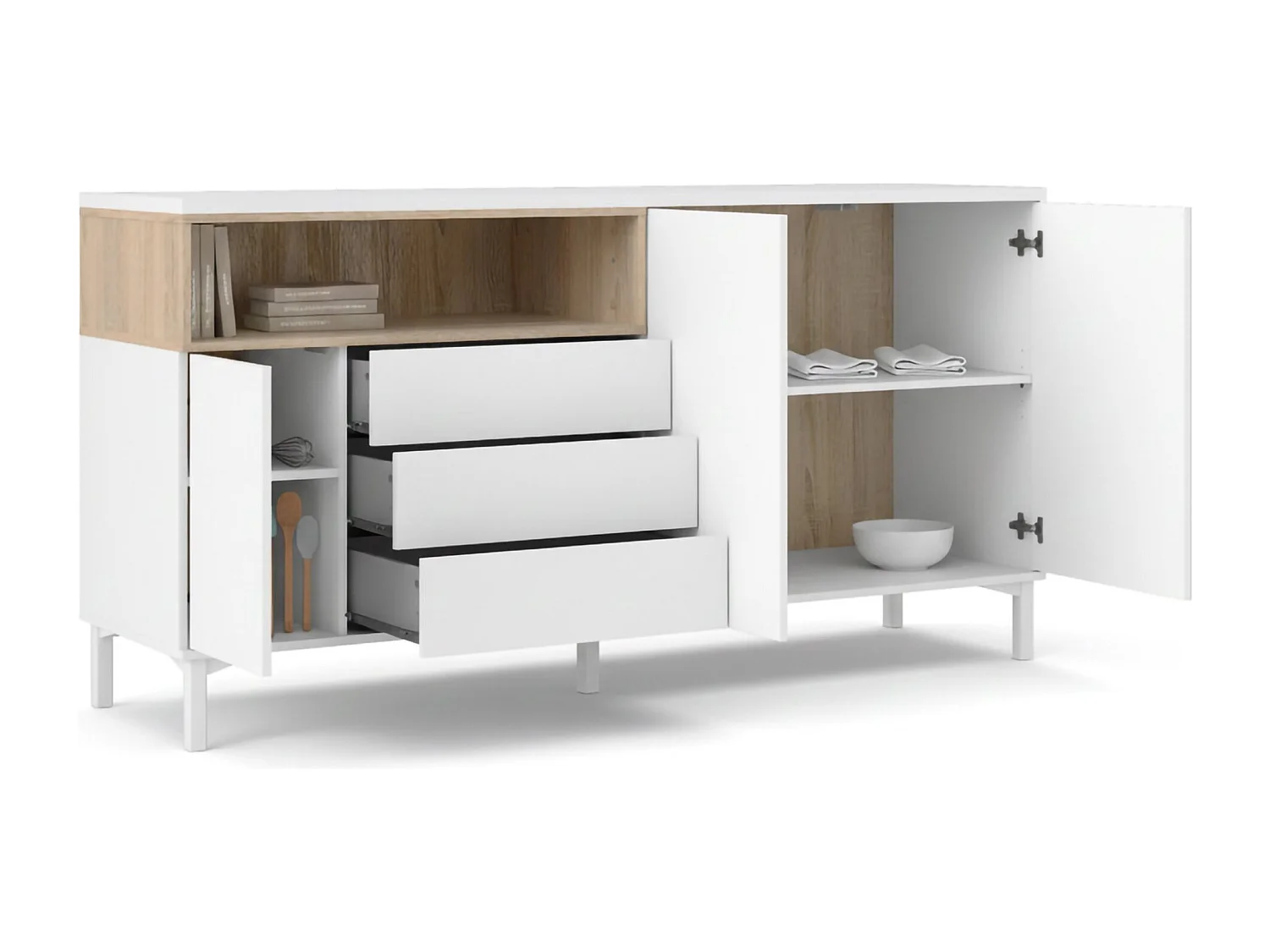 Aparador Dsardin, Buffet de sala, Aparador de sala, Despensa de cozinha, 176x48 h90 cm, Branco e Carvalho