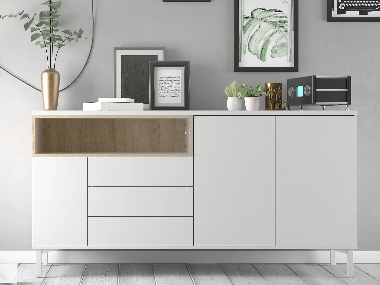 Aparador Dsardin, Buffet de sala, Aparador de sala, Despensa de cozinha, 176x48 h90 cm, Branco e Carvalho