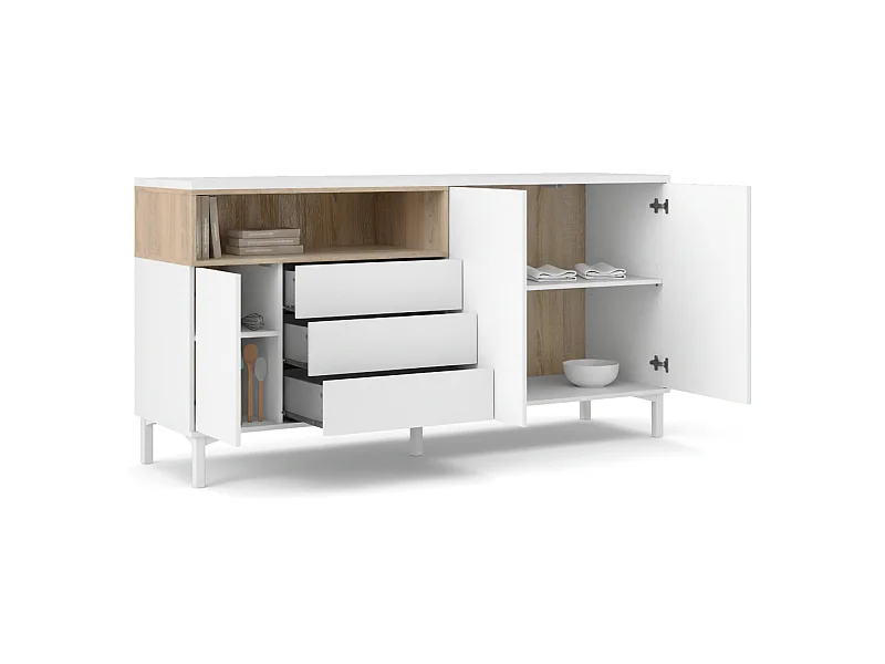 Aparador Dsardin, Bufé de salón, Aparador de salón, Despensa de cocina, 176x48 h90 cm, Blanco y Roble