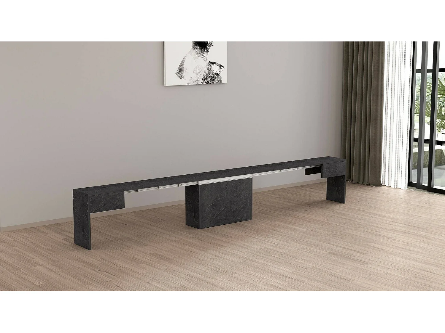 Banc Dollocol, Siège pour table à manger, Banc simple extensible, 290x25h45 cm, Ardoise