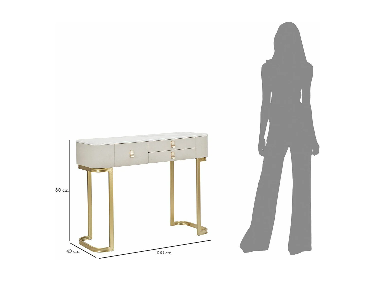 Console Ronda, Table polyvalente, Armoire de rangement, Bureau du couloir, Crème et Or, 100x40 h80 cm