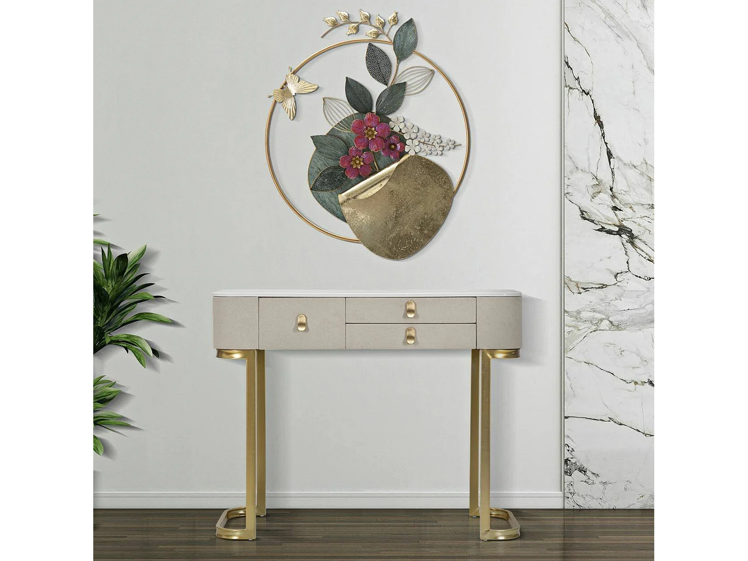 Console Ronda, Table polyvalente, Armoire de rangement, Bureau du couloir, Crème et Or, 100x40 h80 cm