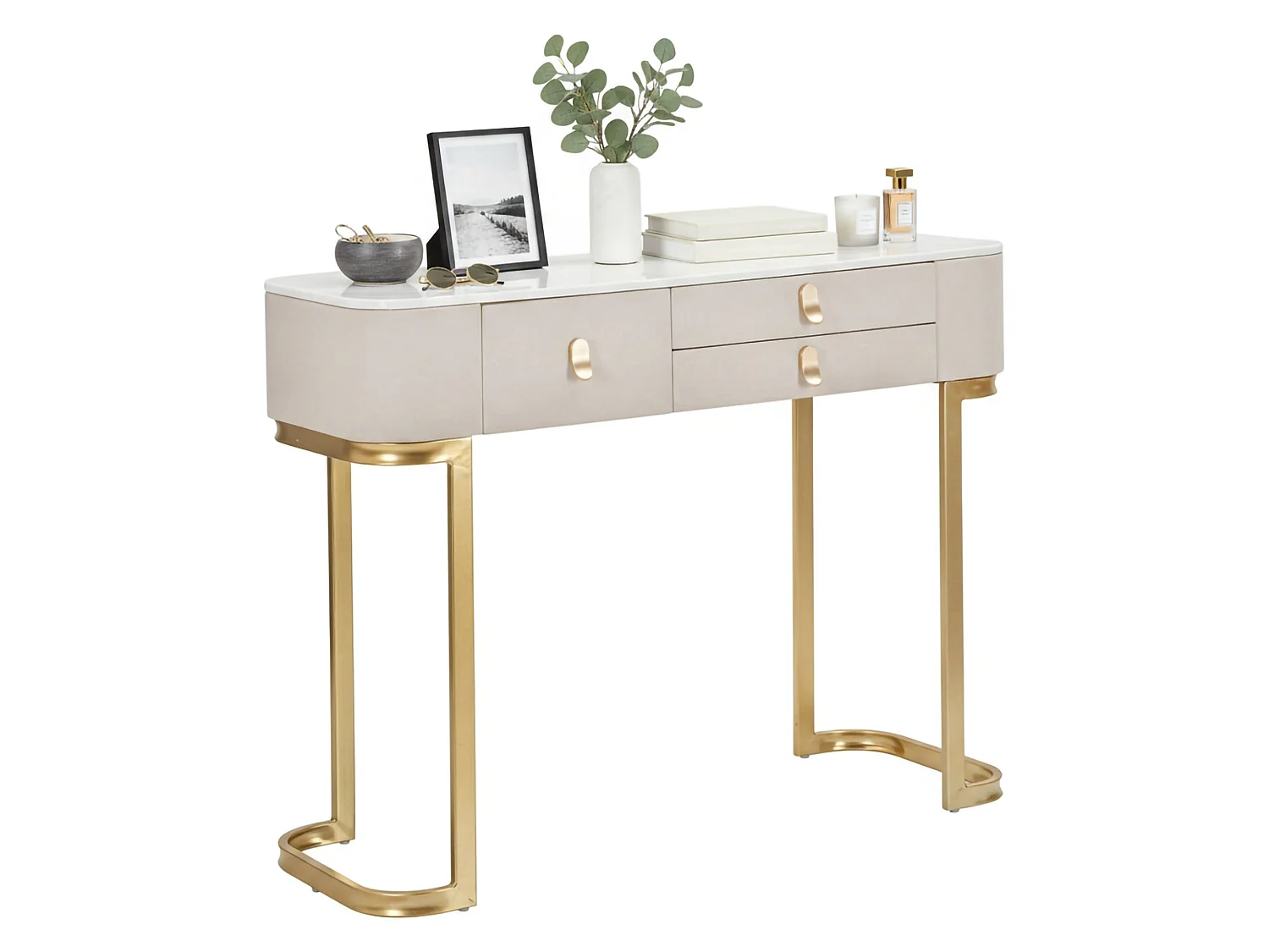 Ronda console, Multifunctionele tafel, Bijzetkast, Gangbureau, Crème en Goud, 100x40 h80 cm