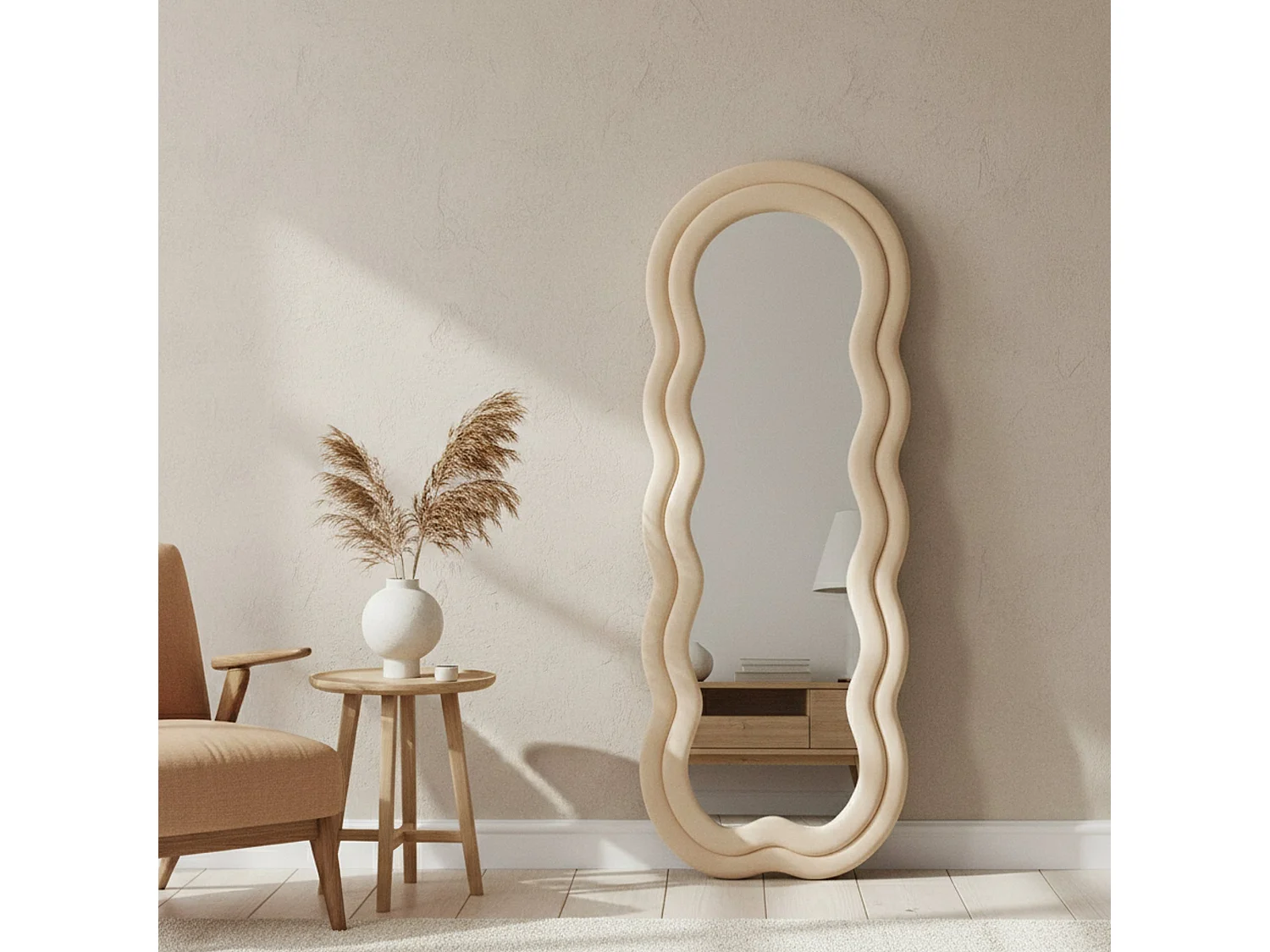 Miroir Marylin, Verre miroité, Objet d'ameublement mural, Décoration avec miroir, 60x4 h160 cm, Crème
