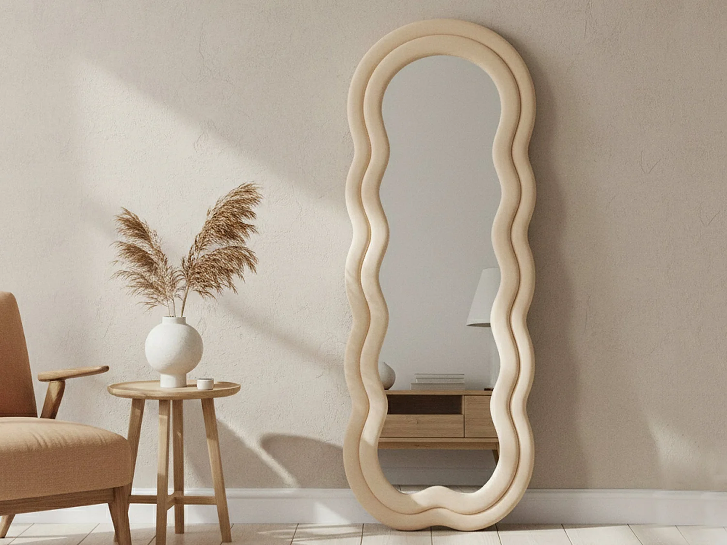 Miroir Marylin, Verre miroité, Objet d'ameublement mural, Décoration avec miroir, 60x4 h160 cm, Crème