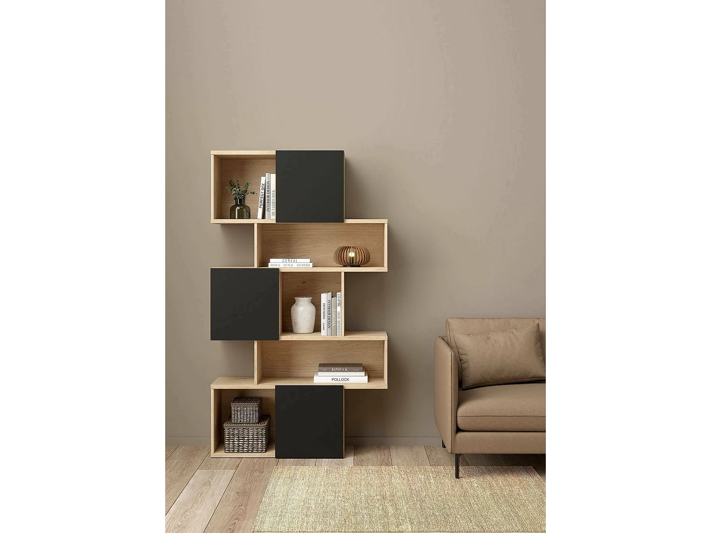 Bibliothèque Dsangall, Etagère de bureau, Porte-livre mobile, Librairie, 96x32 h166 cm, Chêne et Noir