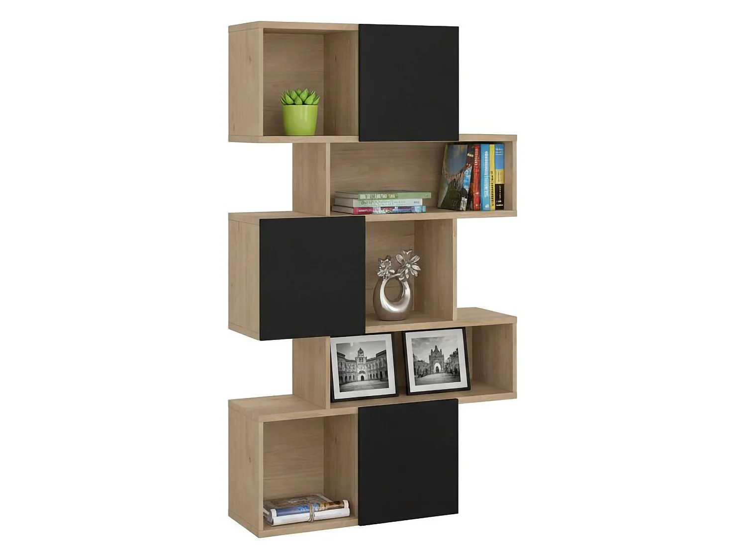Bibliothèque Dsangall, Etagère de bureau, Porte-livre mobile, Librairie, 96x32 h166 cm, Chêne et Noir