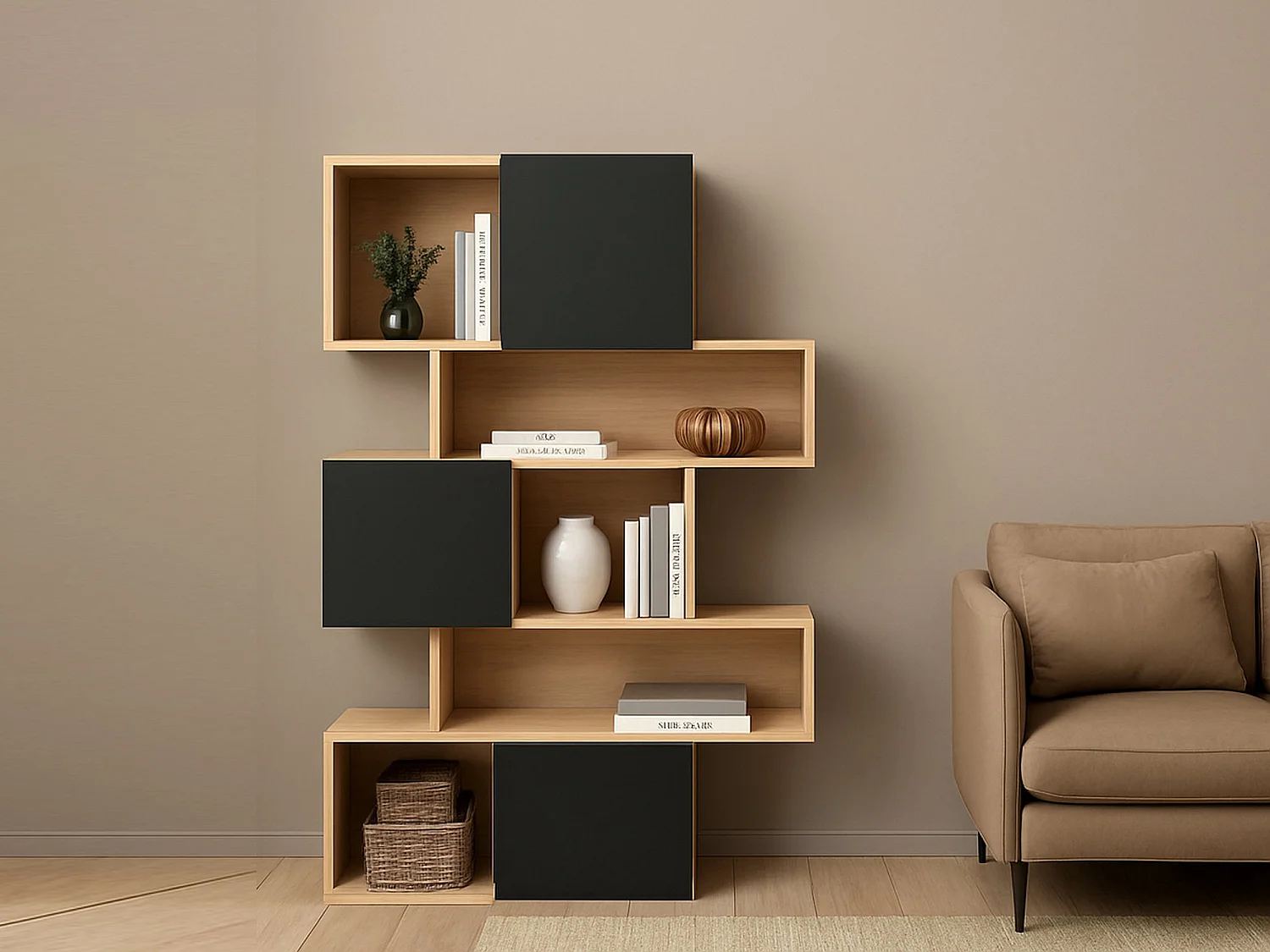 Bibliothèque Dsangall, Etagère de bureau, Porte-livre mobile, Librairie, 96x32 h166 cm, Chêne et Noir