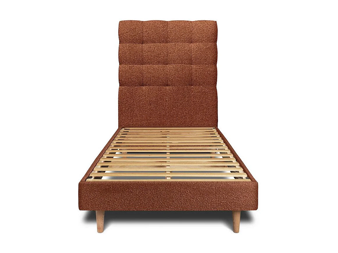 Lit 90x190cm avec tête de lit capitonnée bouclette et sommier kit Terracotta - Hauteur totale : 29cm