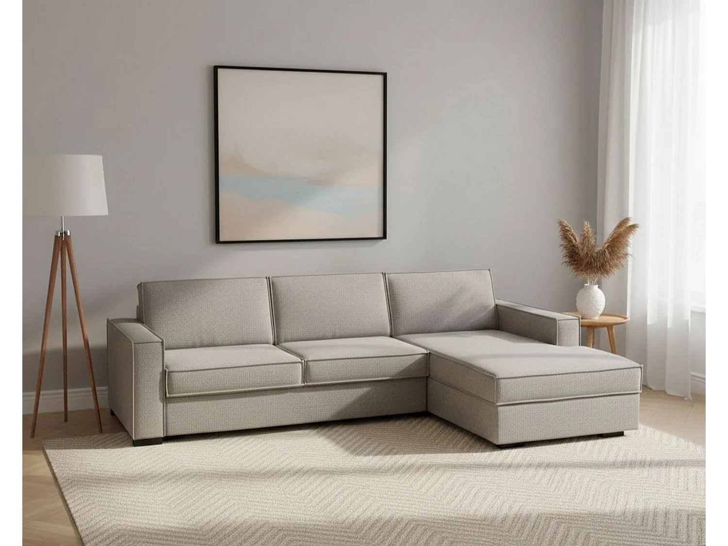 Festes Sofa Dkiyin, Ecksofa, 100% Made in Italy, Sofa Wohnzimmer mit, Rechte Containerhalbinsel, mit Standard-Armlehnen, Cm 280x95h90, Turteltaube