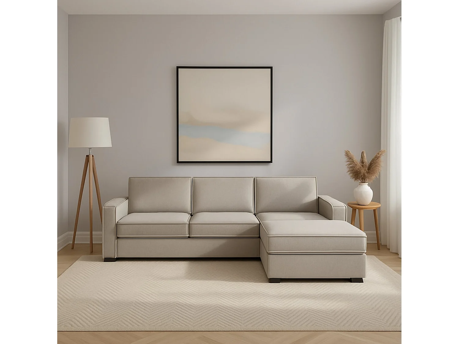 Divano Fisso con Penisola Ametrino, Sfoderabile Made in Italy, 95x280 cm Grigio Tortora\ Tortora