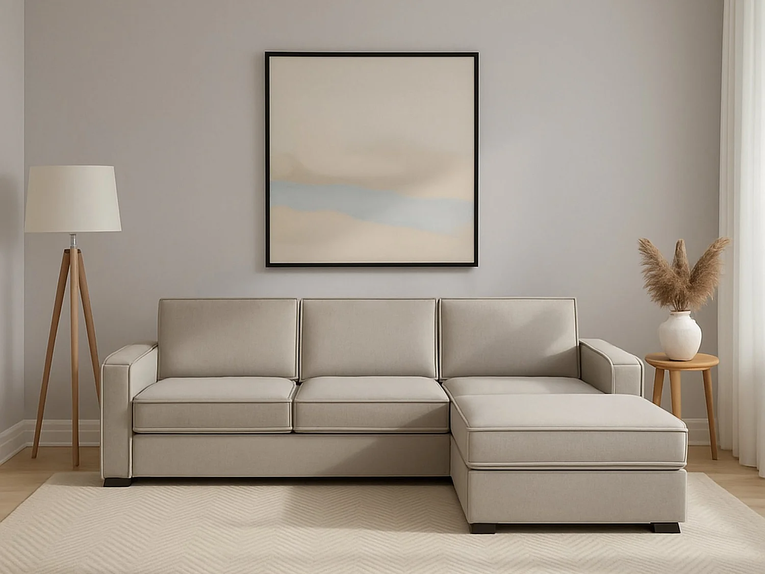 Divano Fisso con Penisola Ametrino, Sfoderabile Made in Italy, 95x280 cm Grigio Tortora\ Tortora
