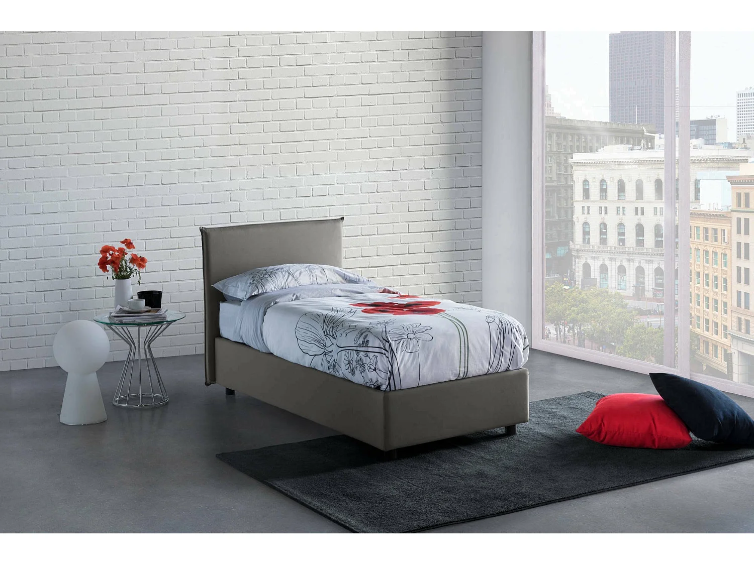 Lit simple Dbaston, Lit coffre avec revêtement en tissu, 100% Made in Italy, Ouverture frontale, avec matelas 90x200 cm inclus, Gris