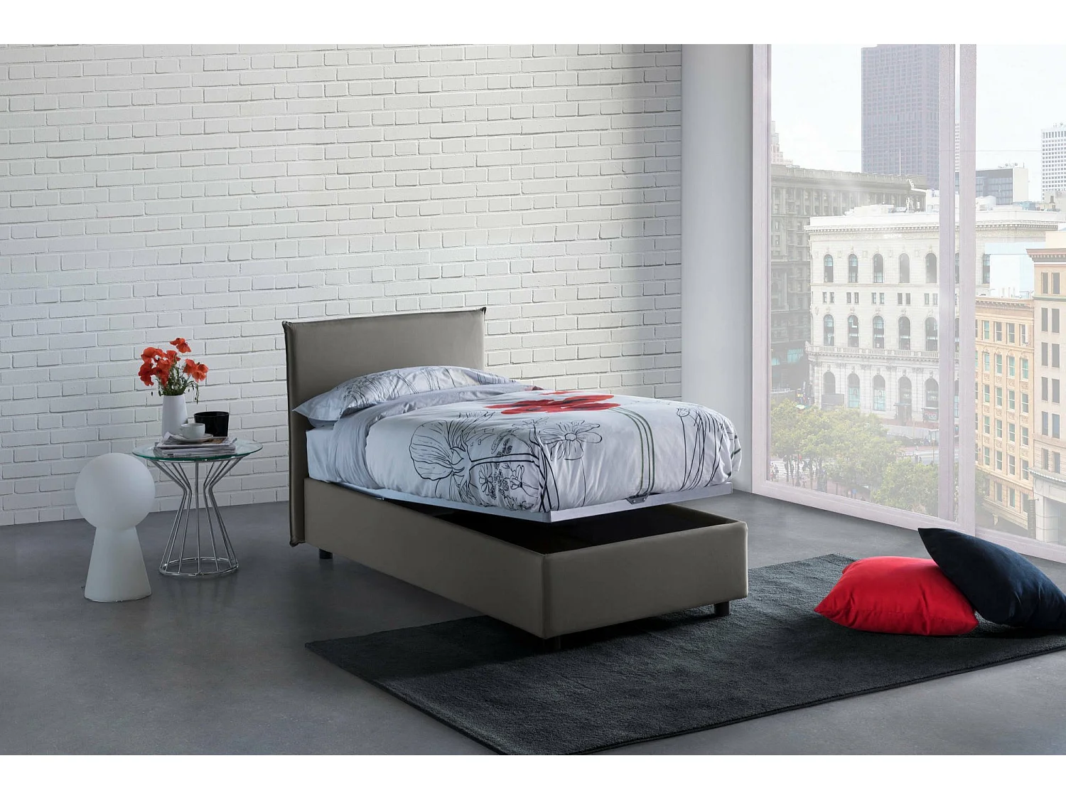 Lit simple Dbaston, Lit coffre avec revêtement en tissu, 100% Made in Italy, Ouverture frontale, avec matelas 90x200 cm inclus, Gris