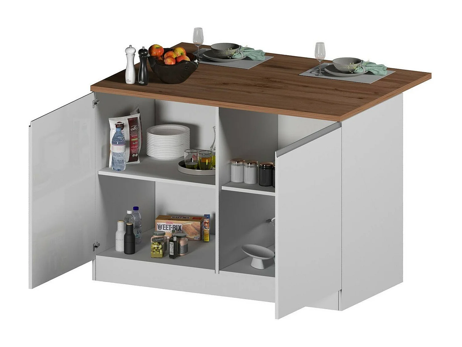 Îlot de cuisine Daffaticat, Armoire polyvalente, Meuble de kitchenette, Table auxiliaire, 100% Made in Italy, 125x90h90 cm, Blanc brillant et chêne