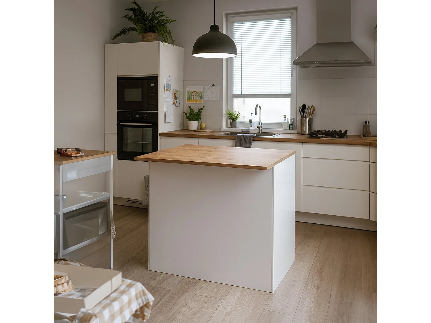 Îlot de cuisine Daffaticat, Armoire polyvalente, Meuble de kitchenette, Table auxiliaire, 100% Made in Italy, 125x90h90 cm, Blanc brillant et chêne