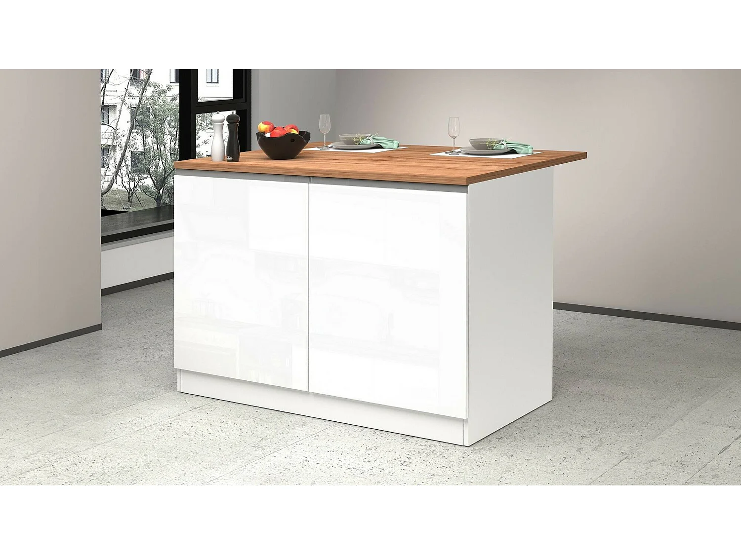 Îlot de cuisine Daffaticat, Armoire polyvalente, Meuble de kitchenette, Table auxiliaire, 100% Made in Italy, 125x90h90 cm, Blanc brillant et chêne