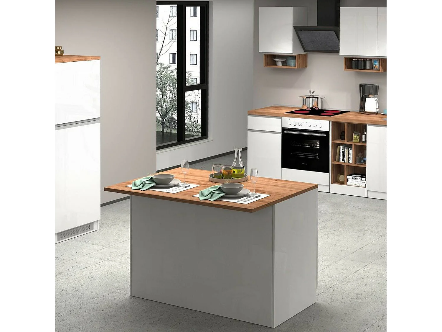Îlot de cuisine Daffaticat, Armoire polyvalente, Meuble de kitchenette, Table auxiliaire, 100% Made in Italy, 125x90h90 cm, Blanc brillant et chêne