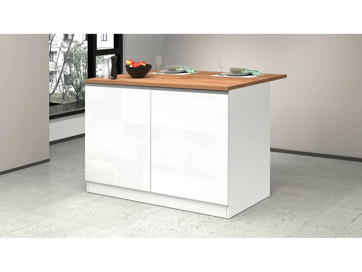 Daffaticat keukeneiland, Multifunctionele kledingkast, Keukenmeubel, Bijzettafel, 100% Made in Italy, 125x90h90 cm, Glanzend wit en eiken